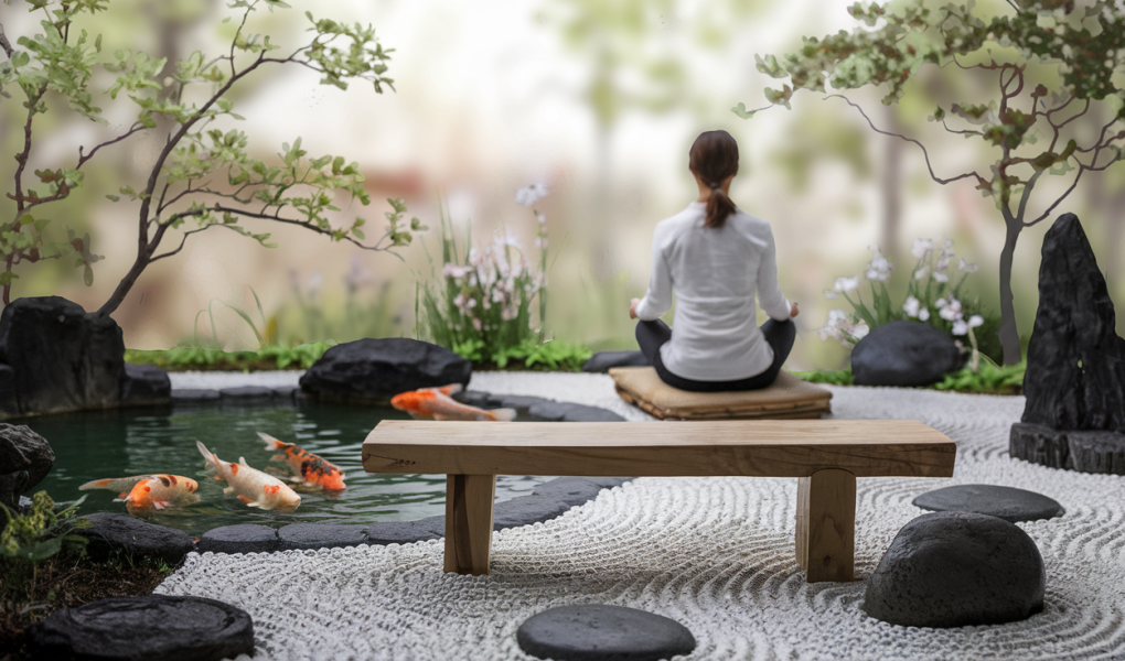 jardin-zen-etang-carpes-pierre-banc