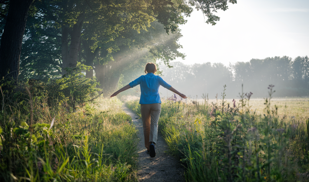 personne-sentier-foret-fleurs-ensoleille