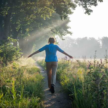 personne-sentier-foret-fleurs-ensoleille