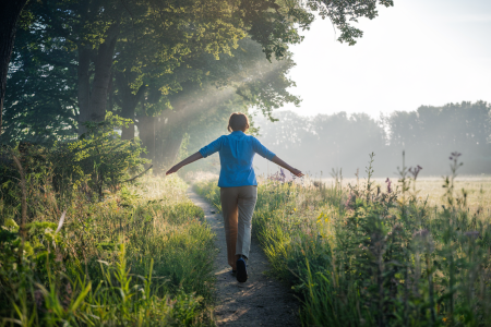 personne-sentier-foret-fleurs-ensoleille